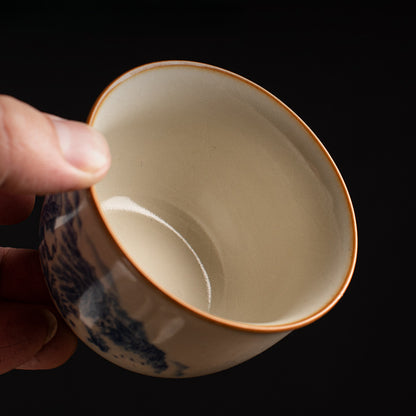 Ru Kiln Blue & White Tea Cup - Handcrafted Crackle Glaze Ceramic with Cobalt Design (Owner's Cup)