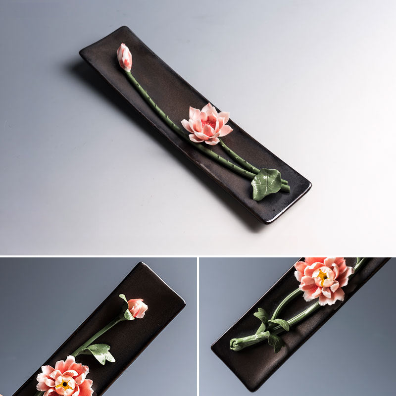 Handmade Floral Ceramic Incense Holder – Home Zen Aromatherapy Burner for Sticks (Includes Free Sandalwood)