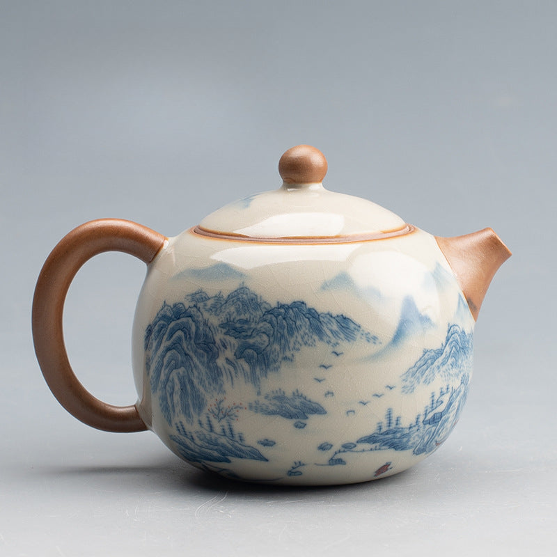 Blue & White Ru Kiln Xishi Teapot - Handcrafted Crackle Glaze Ceramic with Cobalt Patterns (220ml, 12.5x8.5cm)