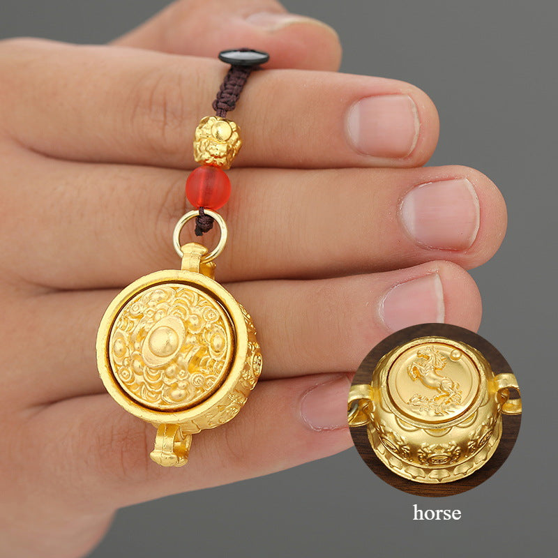 Shiny Zodiac Pendant with Rotating Fortune Bowl and Wealthy Keychain