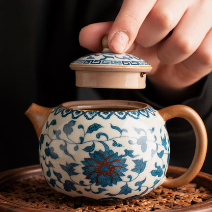 Blue & White Ru Kiln Xishi Teapot - Handcrafted Crackle Glaze Ceramic with Cobalt Patterns (220ml, 12.5x8.5cm)