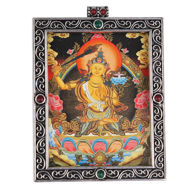 Metal Mini Thangka Box Pendant – Nepalese Wealth God, Green Tara & Four-Armed Avalokiteshvara Silver Pendant