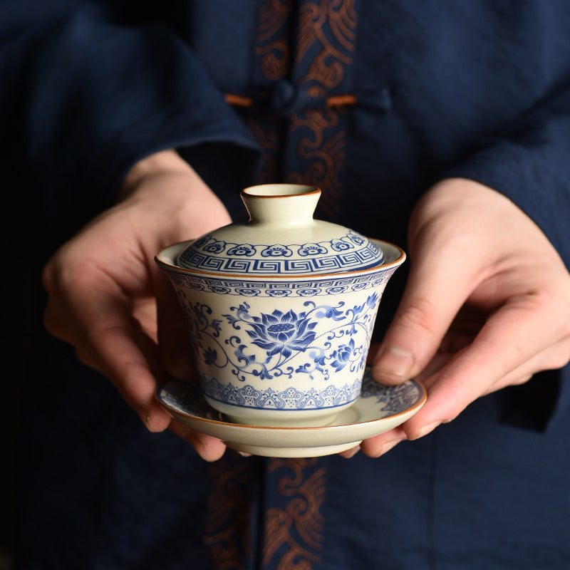Blue & White Ru Kiln Tea Set - Interlocking Lotus Design Ceramic Gongfu Set (6-Piece)