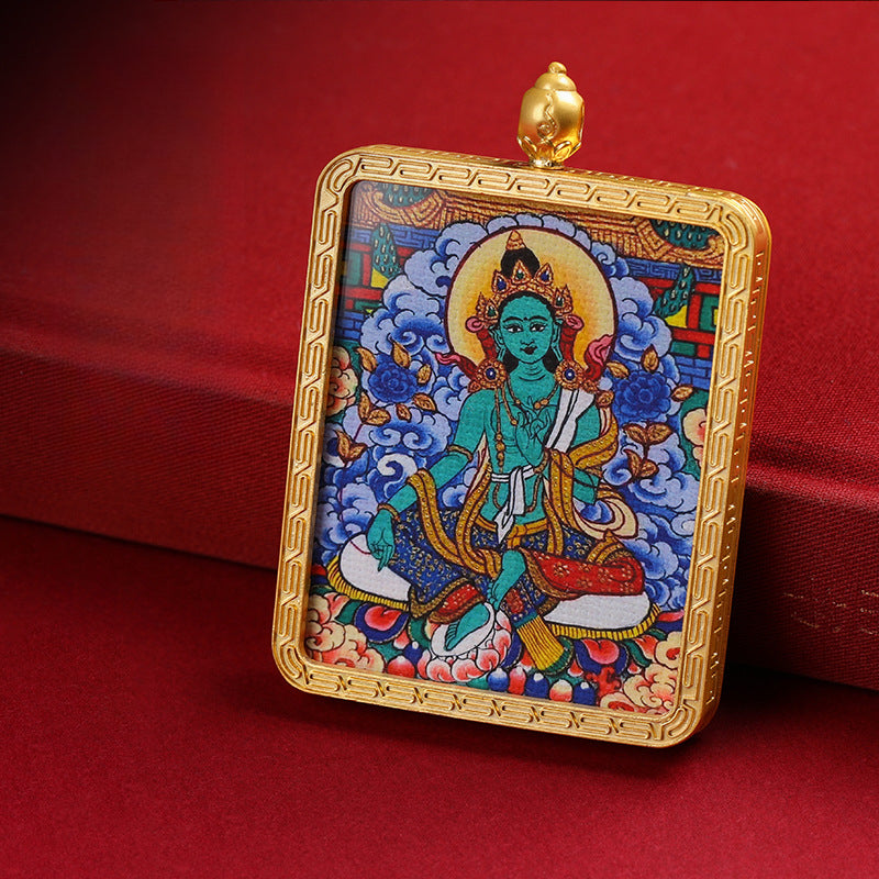 Tibetan Thangka Pendant Necklace – Green Tara & Medicine Buddha Hand-Painted Design