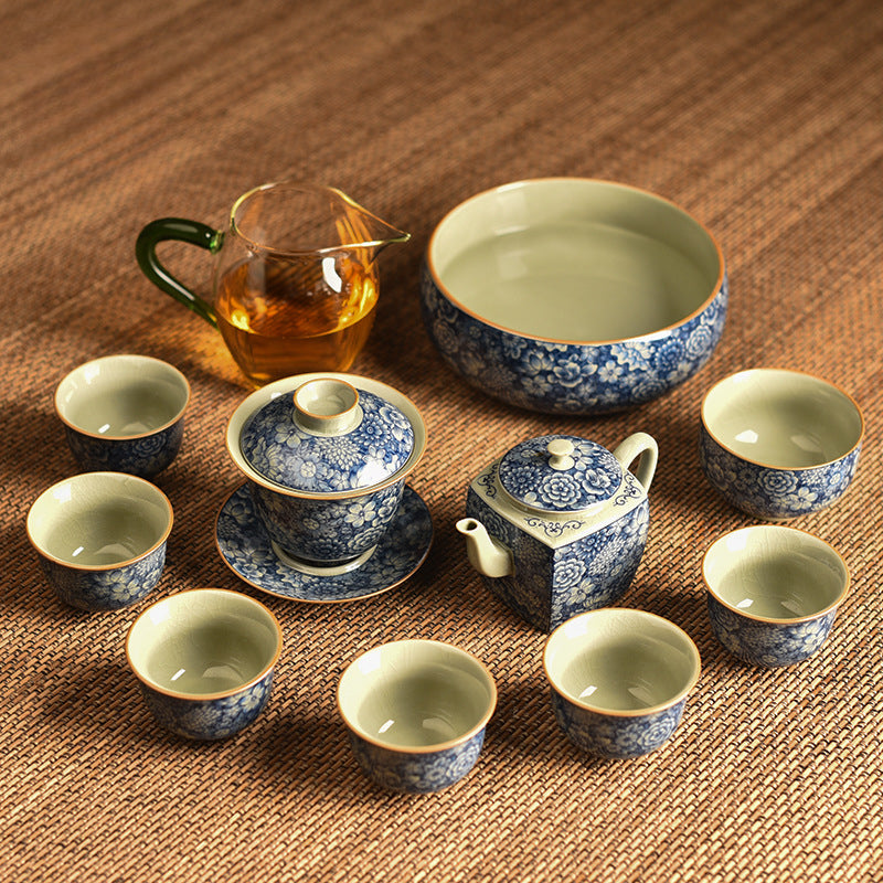 Antique Ru Kiln Blue & White Lidded Tea Bowl - Handcrafted Three-Piece Set (150ml, Two Sizes Available)