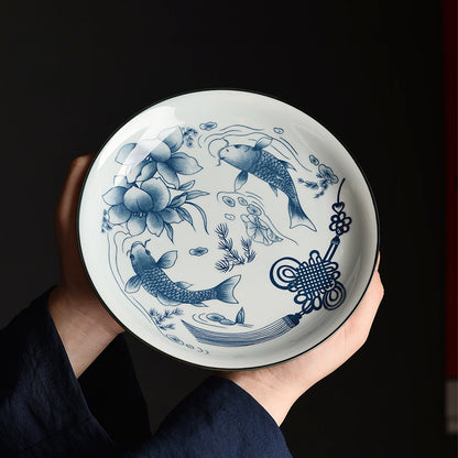 Blue & White Ceramic Fruit Tray - Chinese Style Dessert Plate with Classic Patterns (20.5x7cm, 7 Designs)