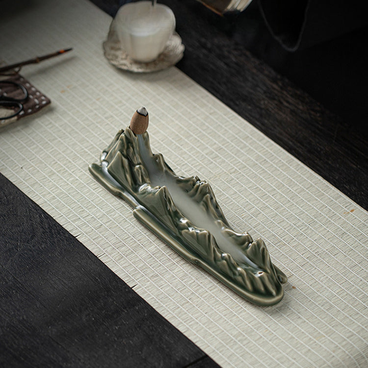 "A Thousand Miles of Rivers and Mountains" Ceramic Incense Holder - Blue-Glazed Zen Incense Burner (21.7x5.3x5.5cm, 2.5mm Hole)
