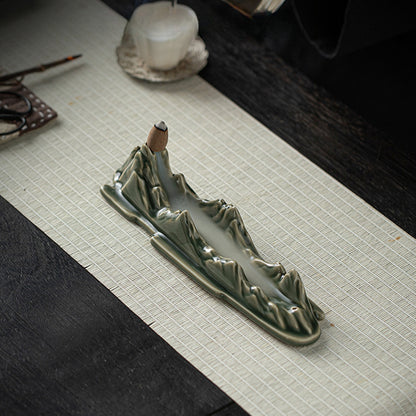 "A Thousand Miles of Rivers and Mountains" Ceramic Incense Holder - Blue-Glazed Zen Incense Burner (21.7x5.3x5.5cm, 2.5mm Hole)
