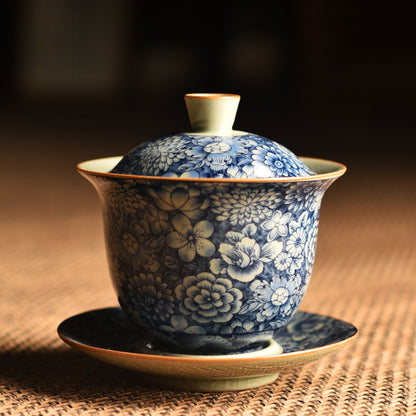 Antique Ru Kiln Blue & White Lidded Tea Bowl - Handcrafted Three-Piece Set (150ml, Two Sizes Available)