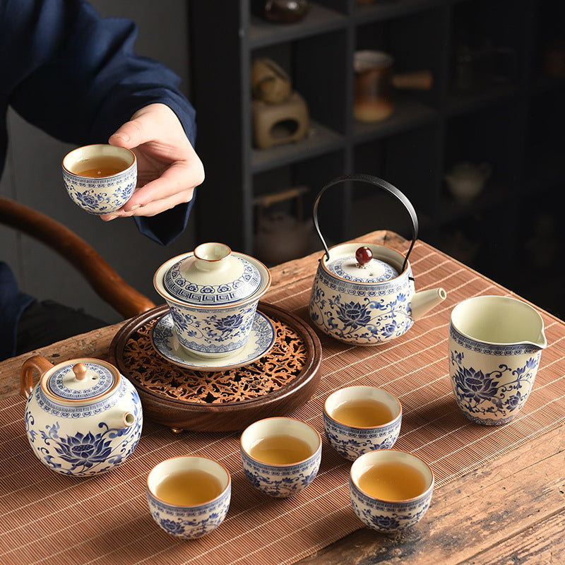 Blue & White Ru Kiln Tea Set - Interlocking Lotus Design Ceramic Gongfu Set (6-Piece)