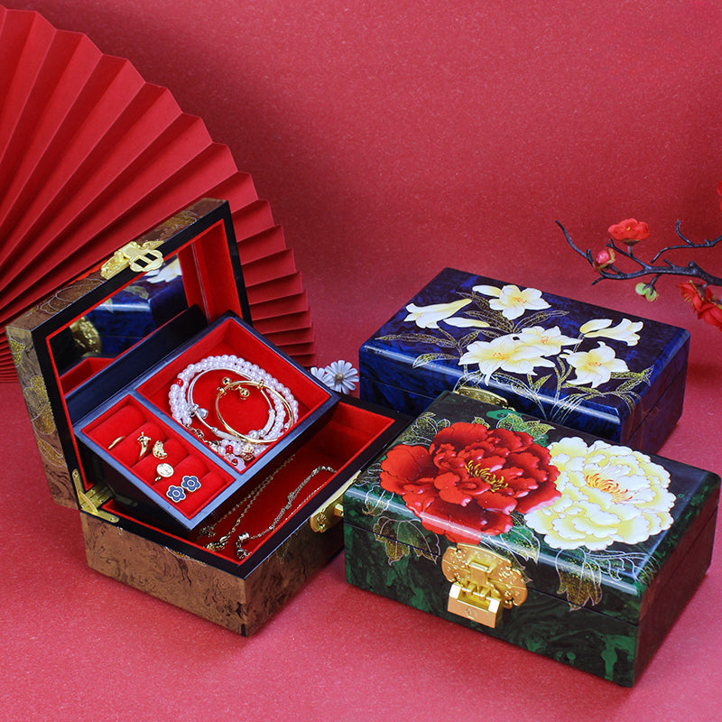 Artisan Lacquer Jewelry Box - Handcrafted Chinese Heritage Piece in Solid Wood, Vintage Floral Storage Case