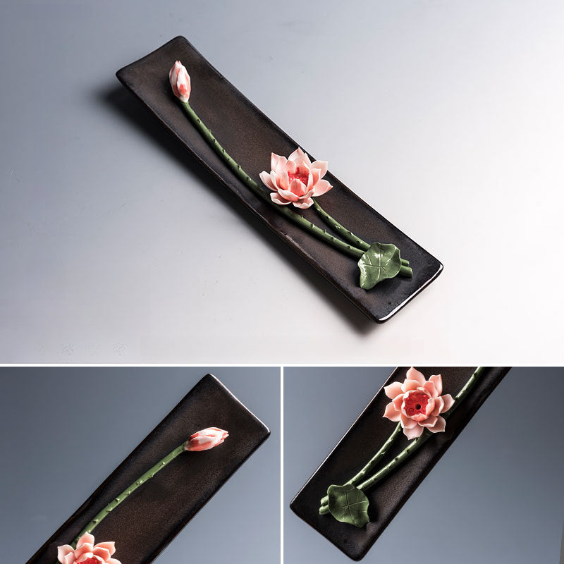 Handmade Floral Ceramic Incense Holder – Home Zen Aromatherapy Burner for Sticks (Includes Free Sandalwood)