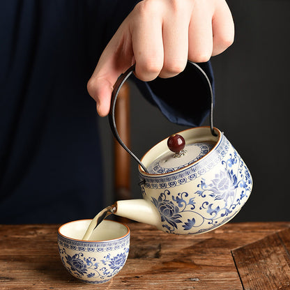 Blue & White Ru Kiln Tea Set - Interlocking Lotus Design Ceramic Gongfu Set (6-Piece)
