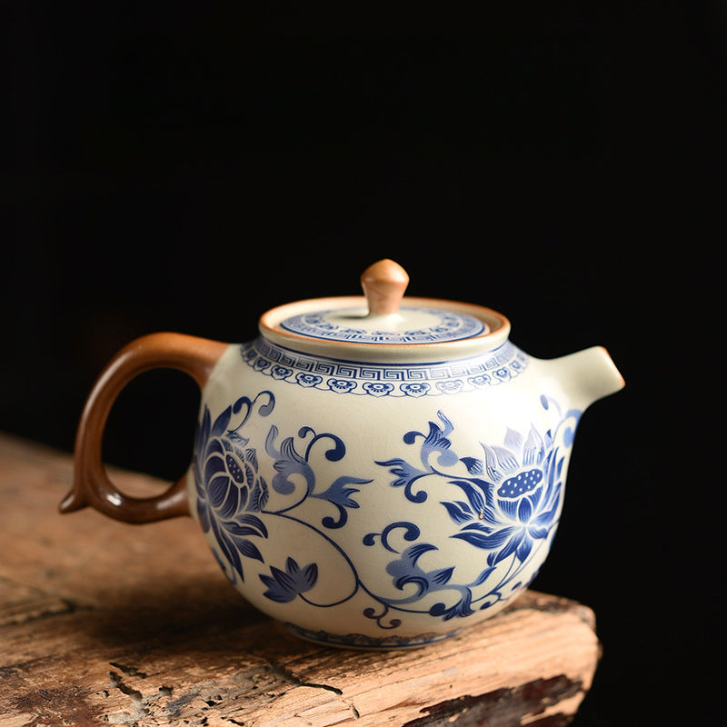 Blue & White Ru Kiln Tea Set - Interlocking Lotus Design Ceramic Gongfu Set (6-Piece)