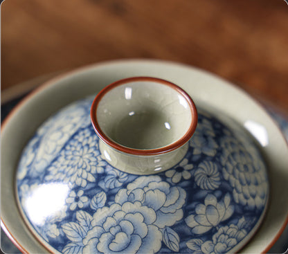 Ru Kiln Blue-and-White Gaiwan - 200ml Three-Element Tea Set (10.4cm Diameter, 9.7cm Height, Crackle Glaze)