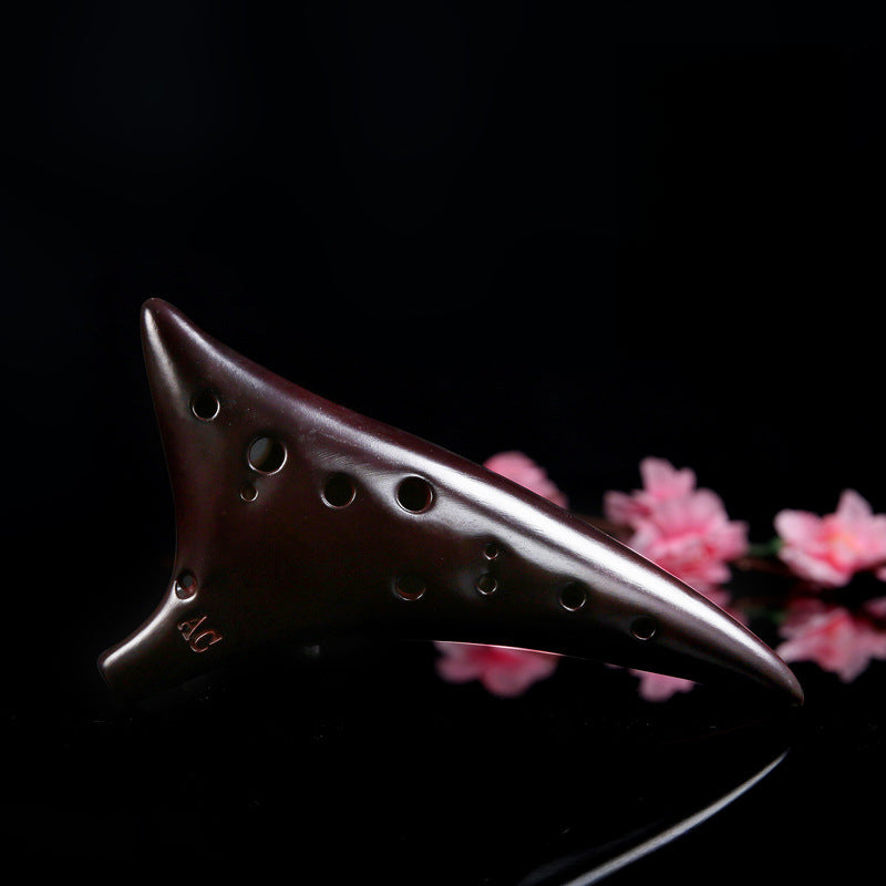 12-Hole Alto C Ocarina with Curved Tail - Hand-Painted Crackle Glaze Design (19x10x6cm, 450g) Includes Music Sheet, Neck Strap & Fabric Case