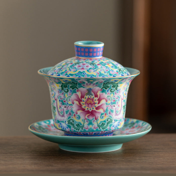 Chinese Enamel Floral Three-Lid Tea Bowl Set – Traditional Dragon Egg Teapot with Gold Trim