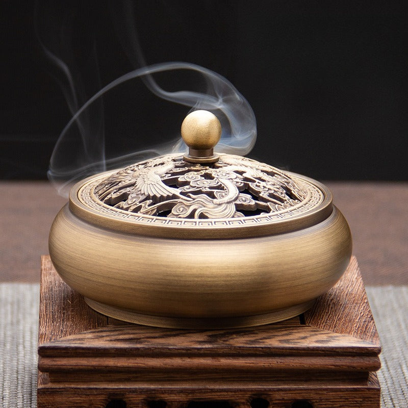 Antique Style Brass Incense Burner for Home - Engraved Incense Ceremony Accessory for Seal or Coil Incense