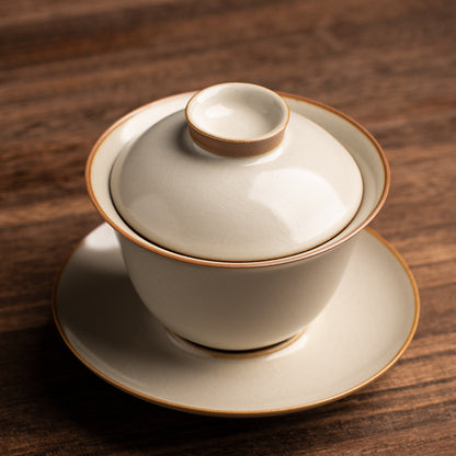 Yellow Ru Kiln Lidded Tea Bowl - Crackle Glaze Ceramic Three-Piece Set (150ml, Two Styles Available)