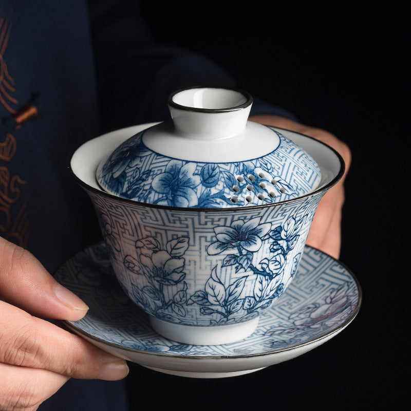 Jingdezhen Blue & White Lidded Tea Bowl - Perforated Cover Ceramic Gongfu Tea Set (170ml, 10x10cm)