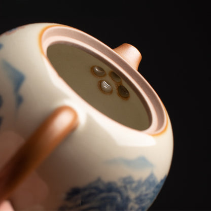 Blue & White Ru Kiln Xishi Teapot - Handcrafted Crackle Glaze Ceramic with Cobalt Patterns (220ml, 12.5x8.5cm)