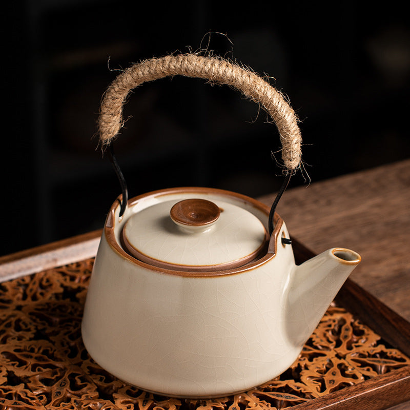Yellow Ru Kiln Arch-Handle Teapot - Handcrafted Crackle Glaze Ceramic (250ml, 13x14cm)