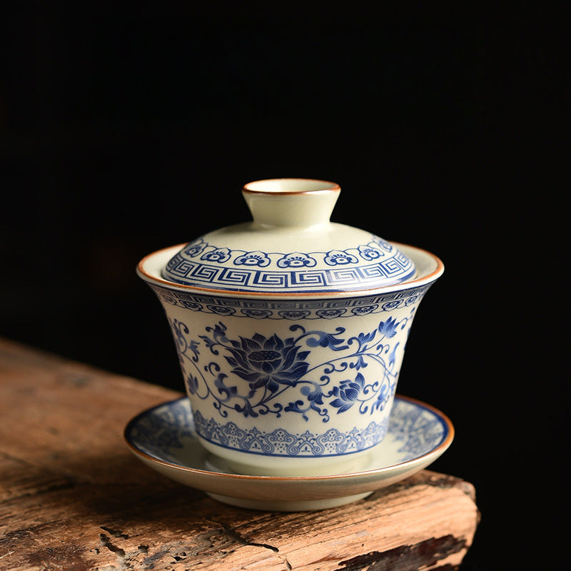 Blue & White Ru Kiln Tea Set - Interlocking Lotus Design Ceramic Gongfu Set (6-Piece)