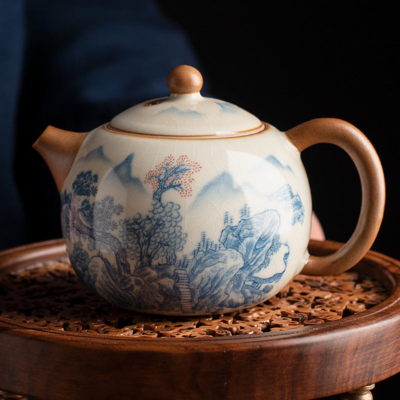 Blue & White Ru Kiln Xishi Teapot - Handcrafted Crackle Glaze Ceramic with Cobalt Patterns (220ml, 12.5x8.5cm)