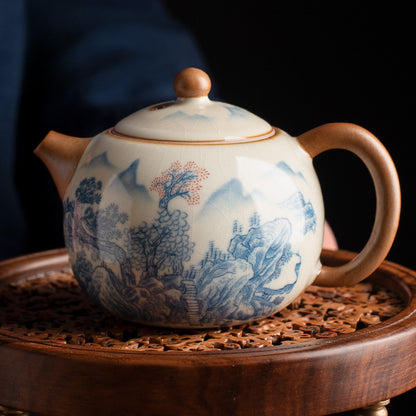 Blue & White Ru Kiln Xishi Teapot - Handcrafted Crackle Glaze Ceramic with Cobalt Patterns (220ml, 12.5x8.5cm)