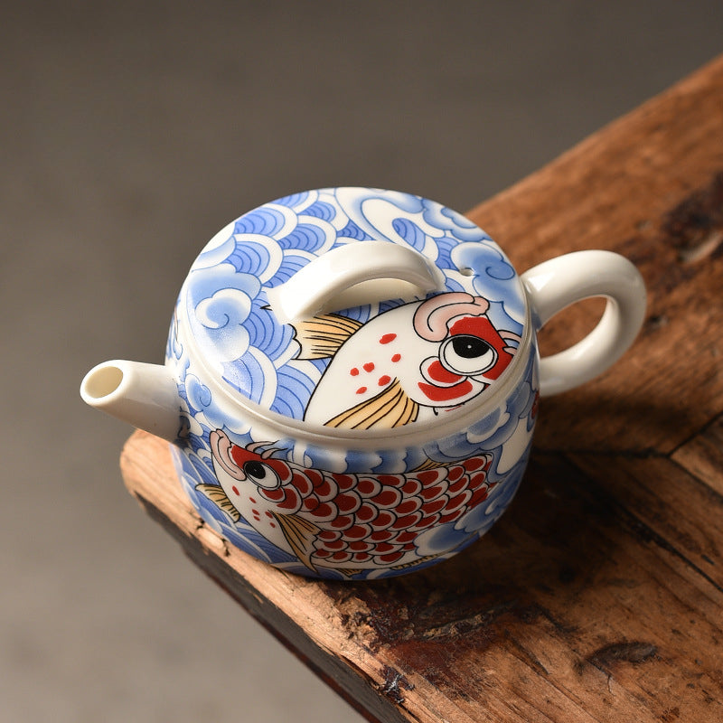 Blue & White Dragon Gate Hanwa Teapot - Ceramic Gongfu Teapot with Koi Fish Design (150ml/200ml Options)
