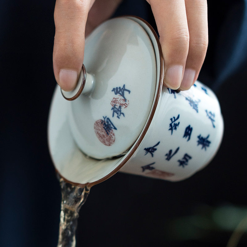 Blue & White "Orchid Pavilion" Tea Bowl - Handcrafted Ceramic Gongfu Tea Set with Tray (150ml, 9.5x9cm)
