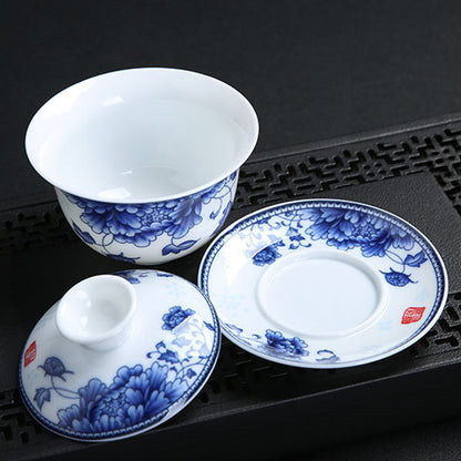 Blue and White Porcelain Gaiwan, Large High-White Glazed Tea Bowl, Japanese-Style Three-Component Set, 160ml
