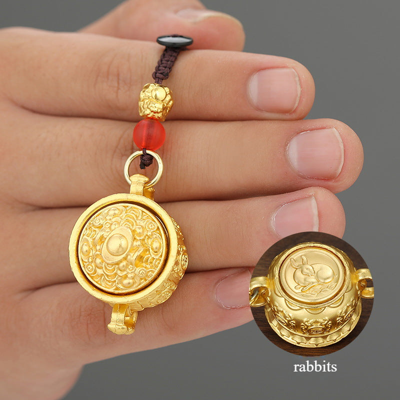 Shiny Zodiac Pendant with Rotating Fortune Bowl and Wealthy Keychain