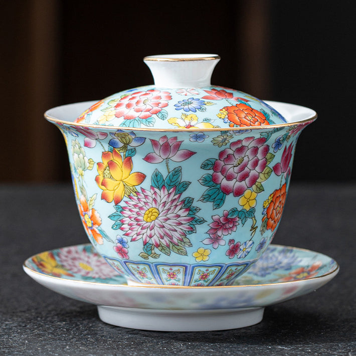 Imperial Style Cloisonné Gaiwan - Handcrafted Enamel Three-Element Tea Bowl with Gold Trim (190ml Capacity)