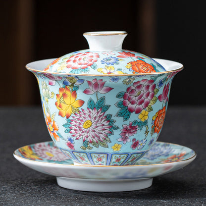 Imperial Style Cloisonné Gaiwan - Handcrafted Enamel Three-Element Tea Bowl with Gold Trim (190ml Capacity)