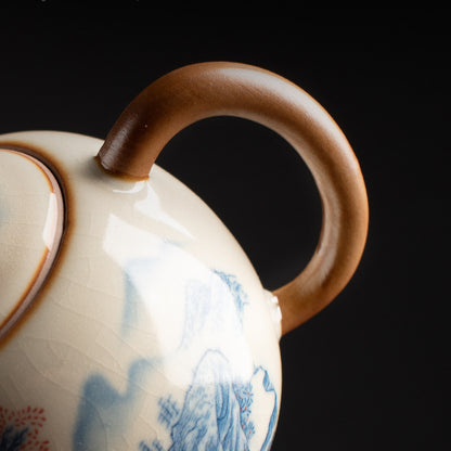 Blue & White Ru Kiln Xishi Teapot - Handcrafted Crackle Glaze Ceramic with Cobalt Patterns (220ml, 12.5x8.5cm)