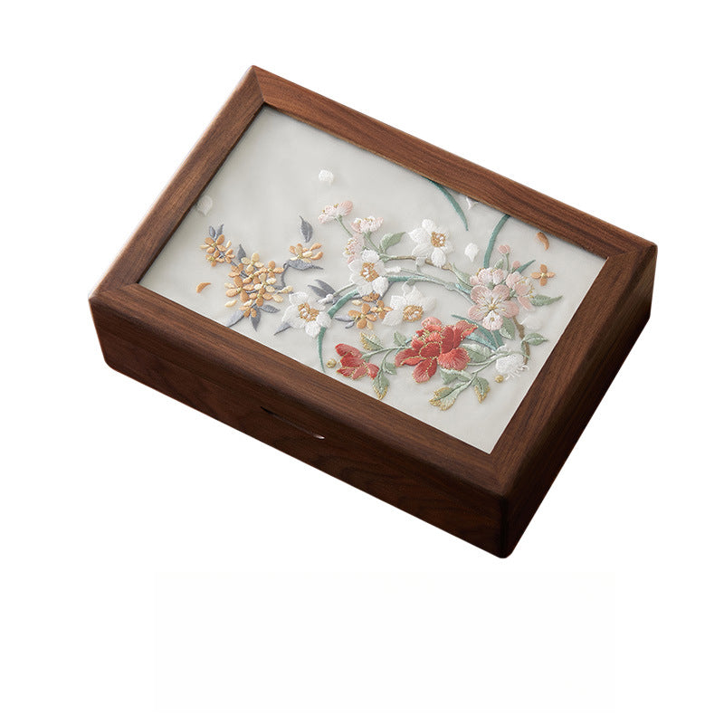 Walnut Wood Jewelry Box with Embroidered Lid - Chinese-Style Gift with Velvet Lining (23x16x6.5cm, 800g, 6 Symbolic Designs)