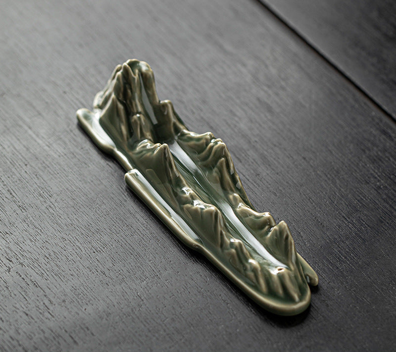 "A Thousand Miles of Rivers and Mountains" Ceramic Incense Holder - Blue-Glazed Zen Incense Burner (21.7x5.3x5.5cm, 2.5mm Hole)
