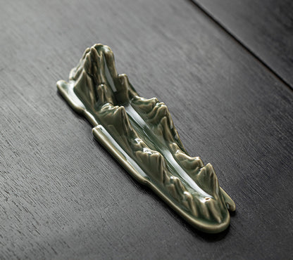 "A Thousand Miles of Rivers and Mountains" Ceramic Incense Holder - Blue-Glazed Zen Incense Burner (21.7x5.3x5.5cm, 2.5mm Hole)