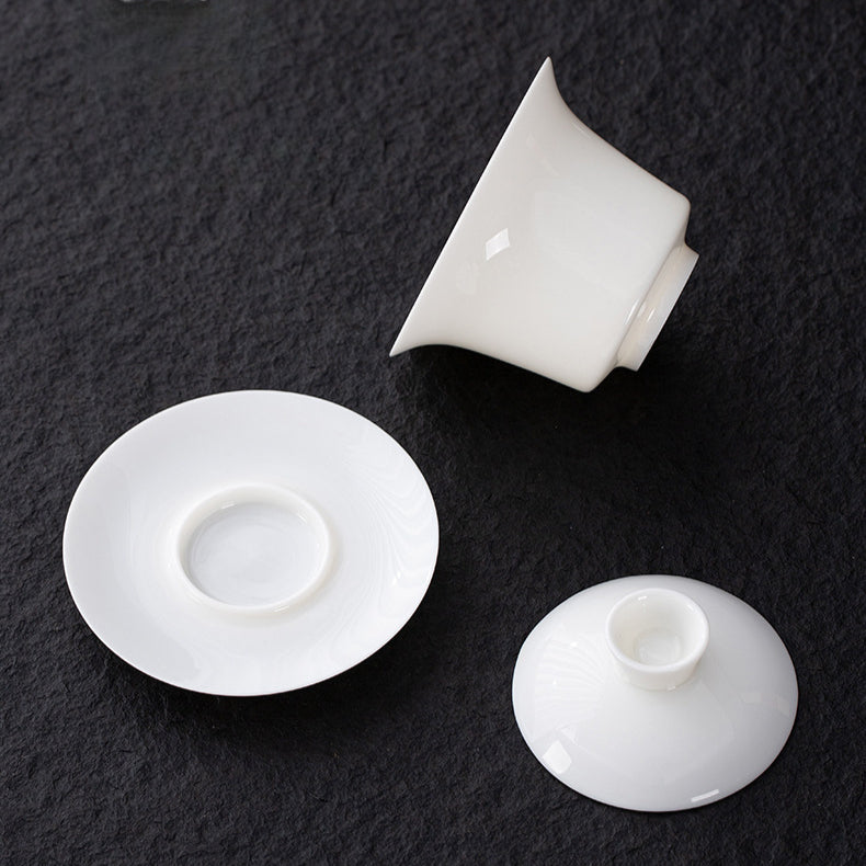 Dehua Blanc de Chine Three-Element Gaiwan - Mutton Fat Jade Porcelain Gongfu Tea Bowl with Lid & Saucer