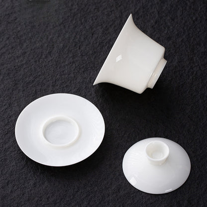 Dehua Blanc de Chine Three-Element Gaiwan - Mutton Fat Jade Porcelain Gongfu Tea Bowl with Lid & Saucer