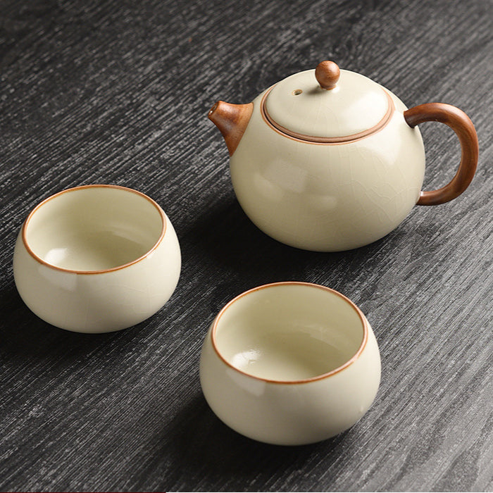 Beige Ru Kiln Tea Set - 3-Piece Gongfu Ceramic Set with Teapot & Cups (Tea Tray Included)