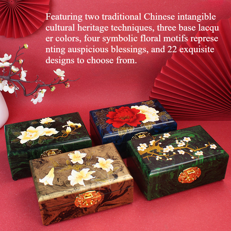Artisan Lacquer Jewelry Box - Handcrafted Chinese Heritage Piece in Solid Wood, Vintage Floral Storage Case