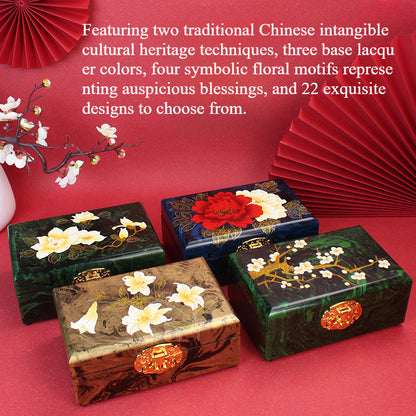 Artisan Lacquer Jewelry Box - Handcrafted Chinese Heritage Piece in Solid Wood, Vintage Floral Storage Case