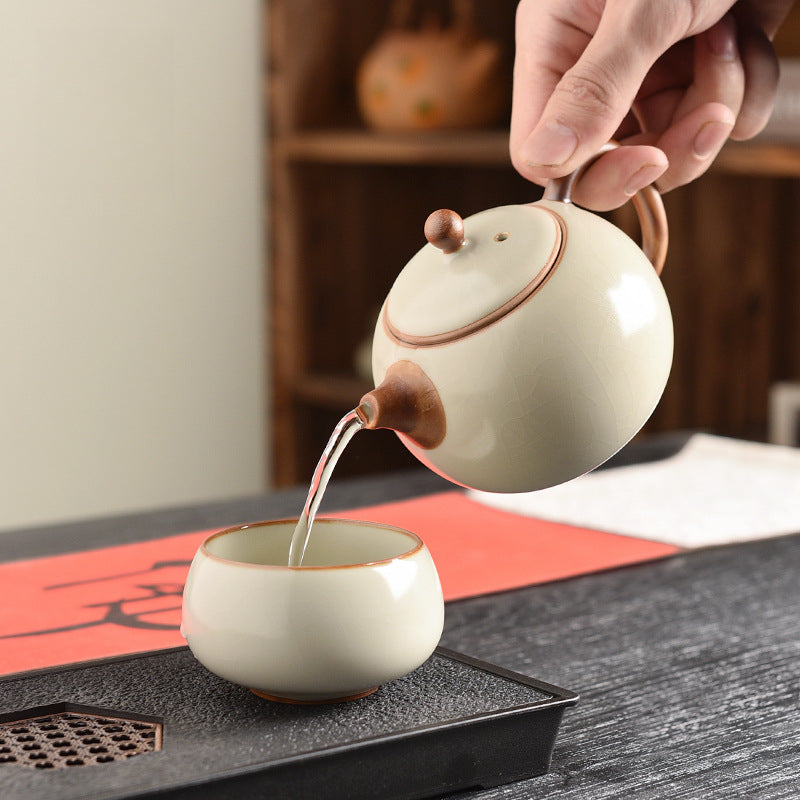 Beige Ru Kiln Tea Set - 3-Piece Gongfu Ceramic Set with Teapot & Cups (Tea Tray Included)