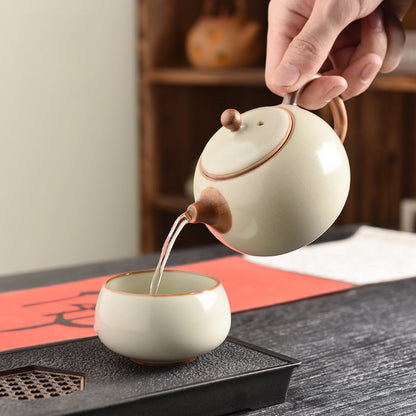Beige Ru Kiln Tea Set - 3-Piece Gongfu Ceramic Set with Teapot & Cups (Tea Tray Included)