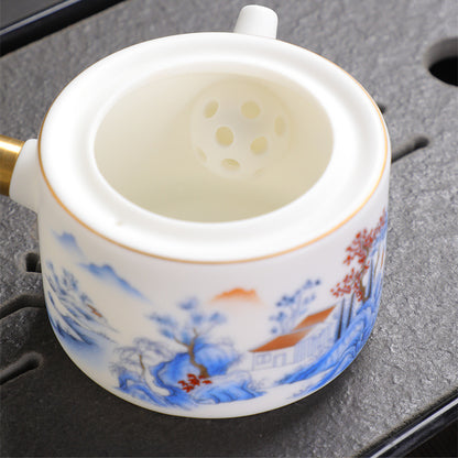 Hand-Painted Blanc de Chine Tea Set – Jade-Like Glazed Porcelain with Landscape Pattern, Side-Handle Teapot, Cups & Gift Box