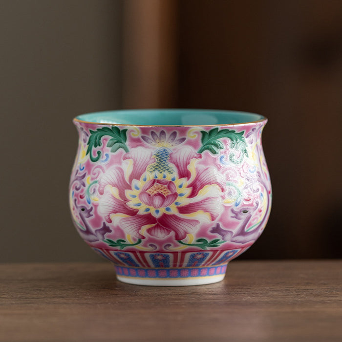 Peony Enamel Glazed Tea Master Cup - Handcrafted Retro Porcelain Tea Cup (90ml Capacity)
