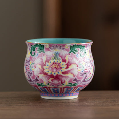 Peony Enamel Glazed Tea Master Cup - Handcrafted Retro Porcelain Tea Cup (90ml Capacity)