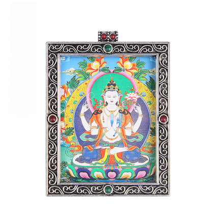 Metal Mini Thangka Box Pendant – Nepalese Wealth God, Green Tara & Four-Armed Avalokiteshvara Silver Pendant